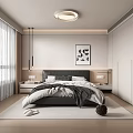 Modern Bedroom Interior With Bedside Tables Decorative Painting Curtains Ceiling Light and Rug