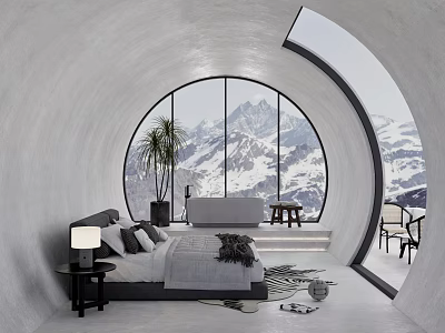 Modern Hotel Room With Large Circular Window Snow Mountain View Comfortable Bed And Sofa 3d model