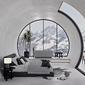 Modern Hotel Room With Large Circular Window Snow Mountain View Comfortable Bed And Sofa 3d model