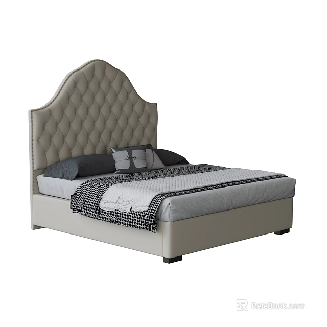 Beige Double Bed With Tufted Headboard Gray Black Pillows And Checkered Blanket 3d model