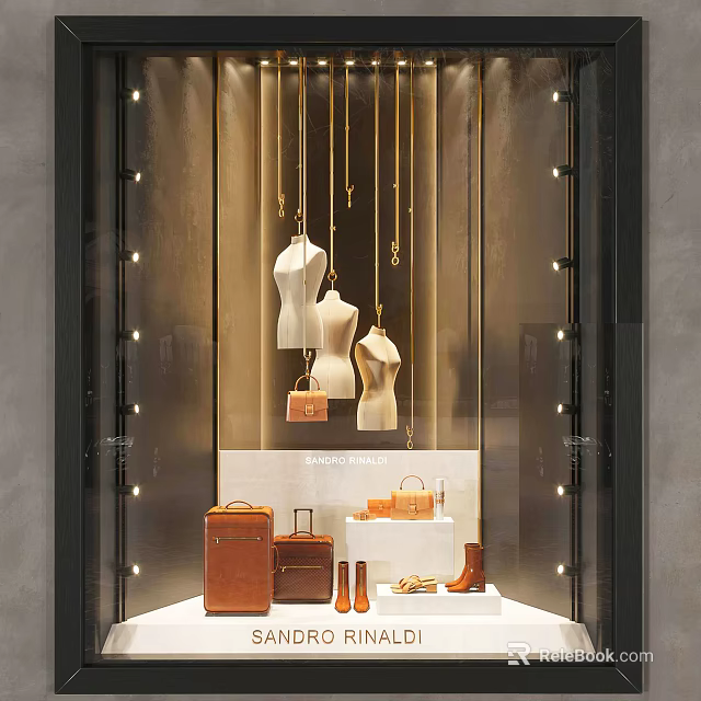 Luxury Retail Window Display With Hanging Mannequins Leather Handbags Vintage Suitcases And Warm Lights 3d model 