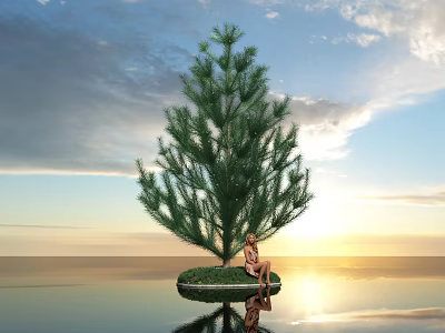 Tall Pine Tree On Water Surface With Person Sitting Under Sunset Sky And Reflection 3d model