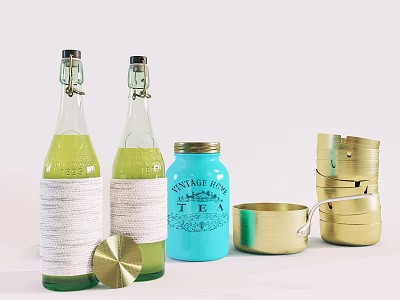 Modern Decorative Ornament Set With Green Bottles Blue Tea Canister And Gold Containers 3d model
