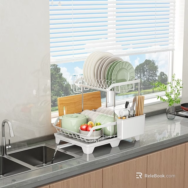 Kitchen Dish Rack with Plates Bowls Fruits and Utensils on Countertop Near Sink 3d model 