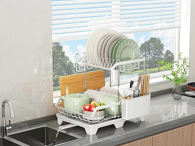 Kitchen Dish Rack with Plates Bowls Fruits and Utensils on Countertop Near Sink 3d model