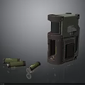 Green Mechanical Device With Open Compartment And Cylindrical Cartridges On Dark Reflective Surface