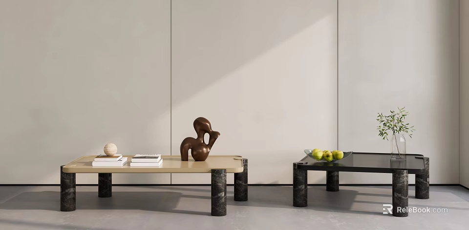 Beige And Black Coffee Tables With Sculpture Books Fruits And Small Plant Decor 3d model 