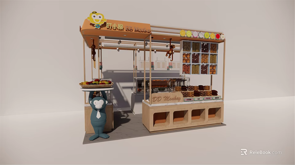 Illuminated Snack Shop Display Shelves with Assorted Snacks and Cartoon Mascot 3d model 