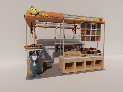 Illuminated Snack Shop Display Shelves with Assorted Snacks and Cartoon Mascot 3d model