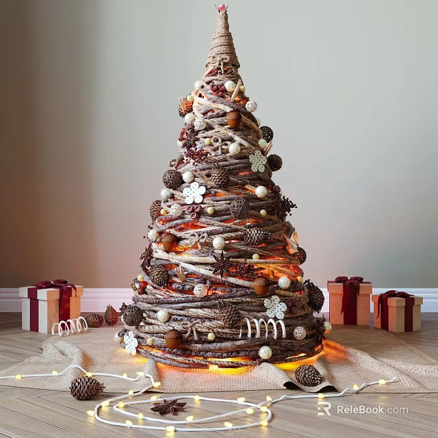 Cozy Indoor Decorative Ornaments Set With Twig Woven Tree Pine Cones Beads And Gift Boxes 3d model 