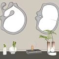 Modern Artistic Irregular Shape Mirrors With Chrome Frame And Decorative Plants In Interior 3d model