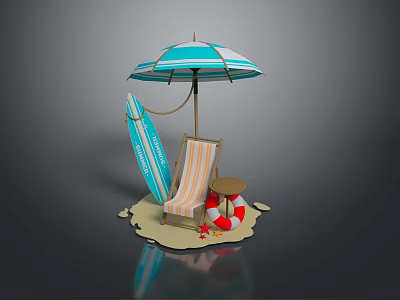 Modern Beach Leisure Scene With Striped Umbrella Surfboard Lounge Chair Small Round Table And Lifebuoy 3d model