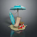Modern Beach Leisure Scene With Striped Umbrella Surfboard Lounge Chair Small Round Table And Lifebuoy