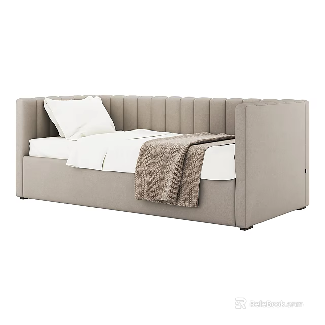Contemporary Single Bed with Tufted Beige Headboard White Sheets and Brown Throw Blanket 3d model 