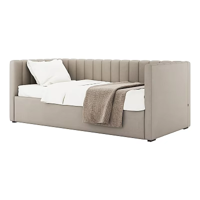 Contemporary Single Bed with Tufted Beige Headboard White Sheets and Brown Throw Blanket 3d model