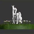 White Unicorns Standing On Green Grass With Small Flowers Decorating The Scene