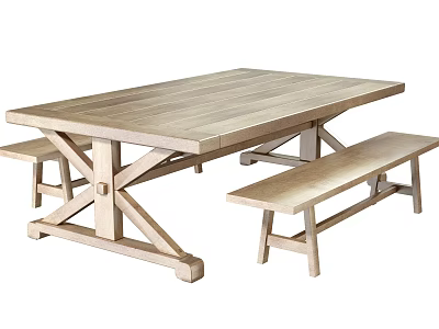 Wooden Dining Table Set With Two Benches And X Shaped Legs 3d model