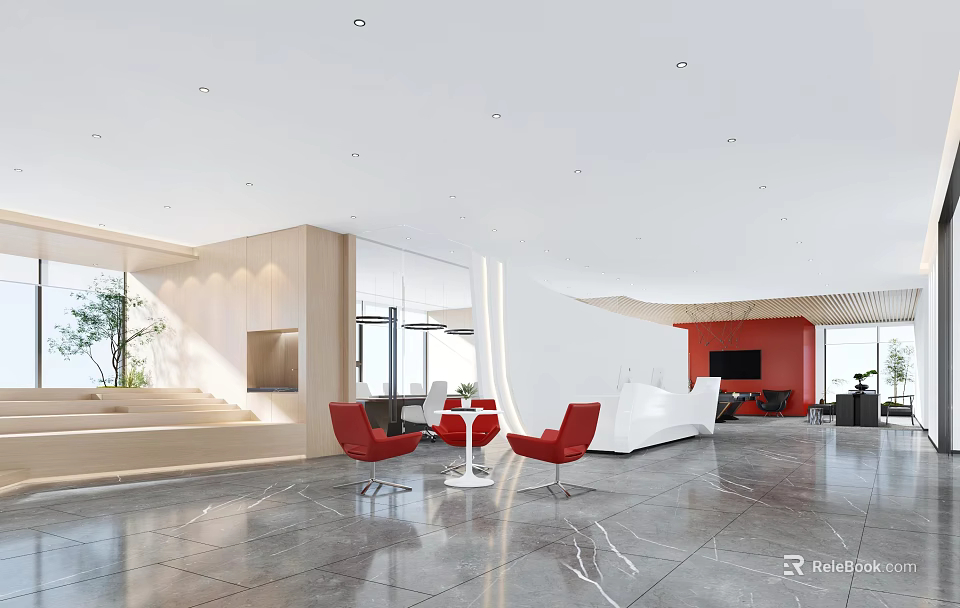 Modern Lounge Area With Red Chairs White Table Marble Floor And Large Windows Design 3d model 