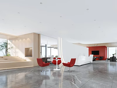 Modern Lounge Area With Red Chairs White Table Marble Floor And Large Windows Design 3d model