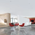 Modern Lounge Area With Red Chairs White Table Marble Floor And Large Windows Design