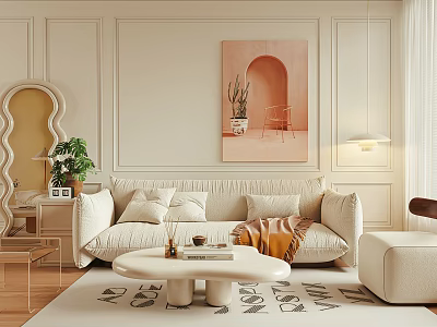 Sofa Coffee Table Set With Pillows Blanket On Rug And Pink Arch Painting Green Plant 3d model