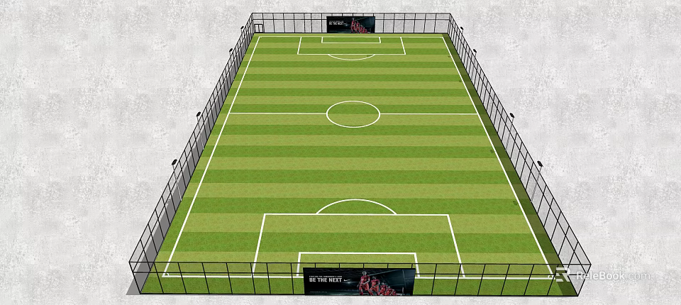 Standard Soccer Field With Green Turf White Markings Surrounding Fencing And Advertising Boards 3d model 