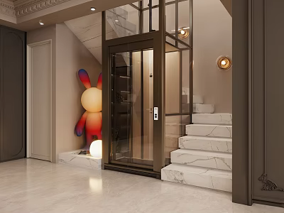 Modern Glass Door Elevator With Marble Stairs In Luxury Interior Design 3d model