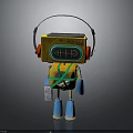 Yellow Robot Character Design With Headphones Digital Screen Green Straps And Blue Feet