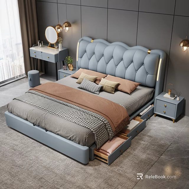 Modern Bedroom Bed with Tufted Headboard Storage Drawers Nightstands Mirror and Table Lamps 3d model 