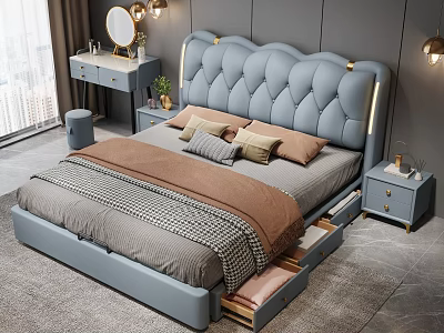 Modern Bedroom Bed with Tufted Headboard Storage Drawers Nightstands Mirror and Table Lamps 3d model