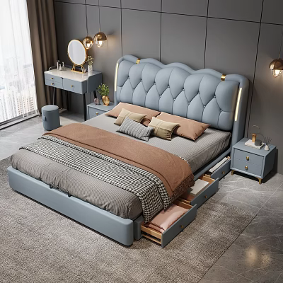Modern Bedroom Bed with Tufted Headboard Storage Drawers Nightstands Mirror and Table Lamps 3d model