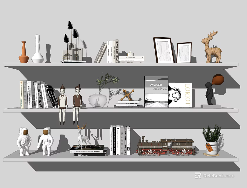 Decorative Ornament Collection With Shelf Books Figurines Picture Frames Dolls Train Model And Green Plants 3d model 