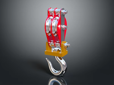 Heavy Duty Block and Tackle with Red Pulleys Yellow Base and Silver Hook 3d model