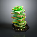 Succulent Plant With Stacked Green Leaves Red Edges In Black Pot Against Dark Background