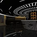 Modern Bar Interior With Circular Ceiling Lighting Design Central Counter High Stools And Decorative Walls