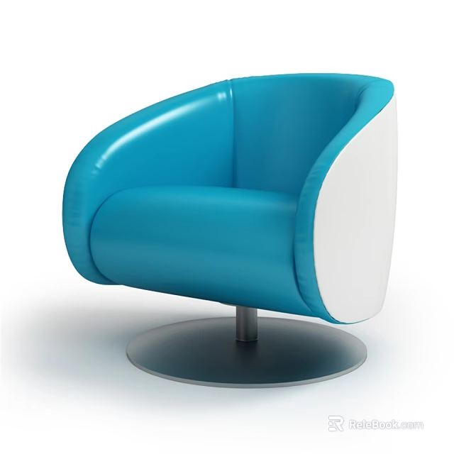 Modern Leather Single Sofa With Blue And White Upholstery And Metal Round Base 3d model 