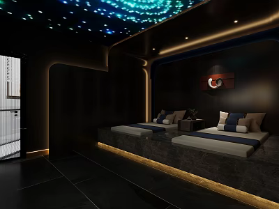 Modern SPA Sauna Room With Starry Ceiling Blue Lighting And Relaxation Beds 3d model