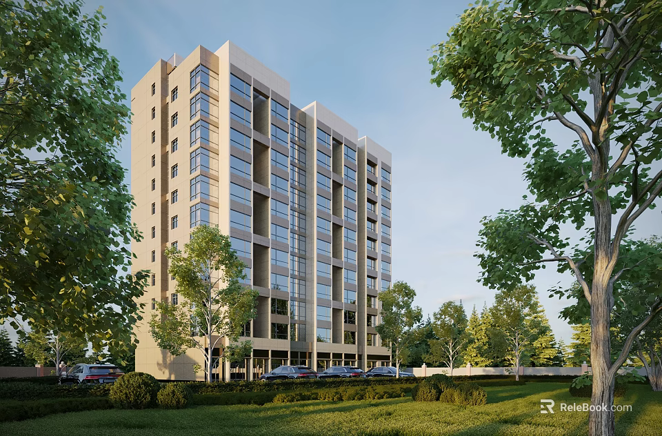 Modern High Rise Residential Building With Large Glass Windows And Lush Green Surroundings 3d model 
