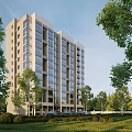 Modern High Rise Residential Building With Large Glass Windows And Lush Green Surroundings