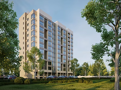 Modern High Rise Residential Building With Large Glass Windows And Lush Green Surroundings 3d model