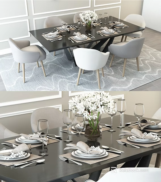 Modern Dining Table Set With Gray White Chairs Tableware And Flower Vase 3d model 