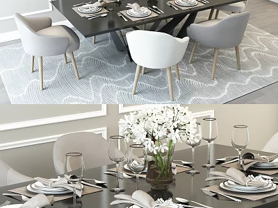 Modern Dining Table Set With Gray White Chairs Tableware And Flower Vase 3d model