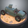 Vintage Green Classic Car on Round Display Stand with Sandy Ground and Stones