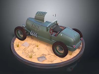 Vintage Green Classic Car on Round Display Stand with Sandy Ground and Stones 3d model