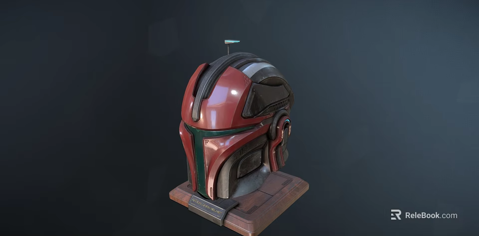 Sci Fi Helmet With Red Black Green Stripes Wooden Base And Small Antenna 3d model 