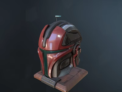 Sci Fi Helmet With Red Black Green Stripes Wooden Base And Small Antenna 3d model