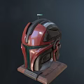 Sci Fi Helmet With Red Black Green Stripes Wooden Base And Small Antenna