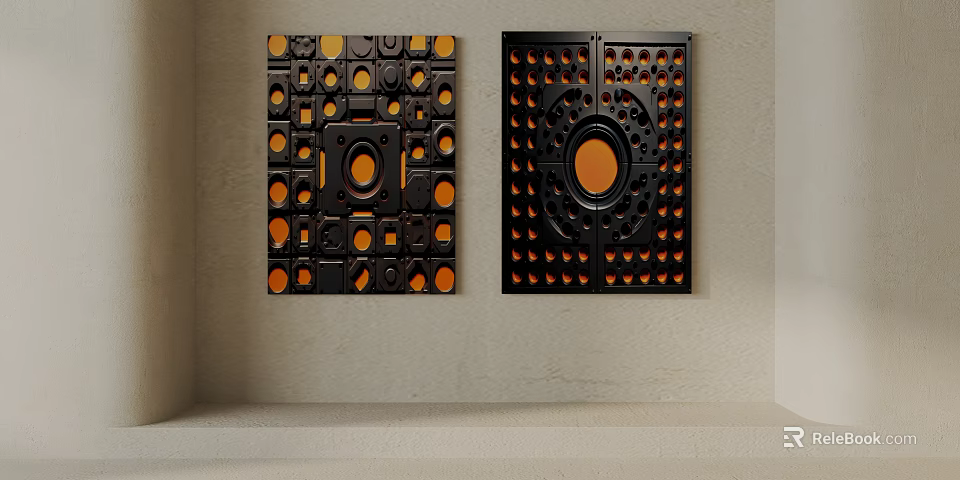 Black And Orange Decorative Wall Panels With Geometric Circular Patterns 3d model