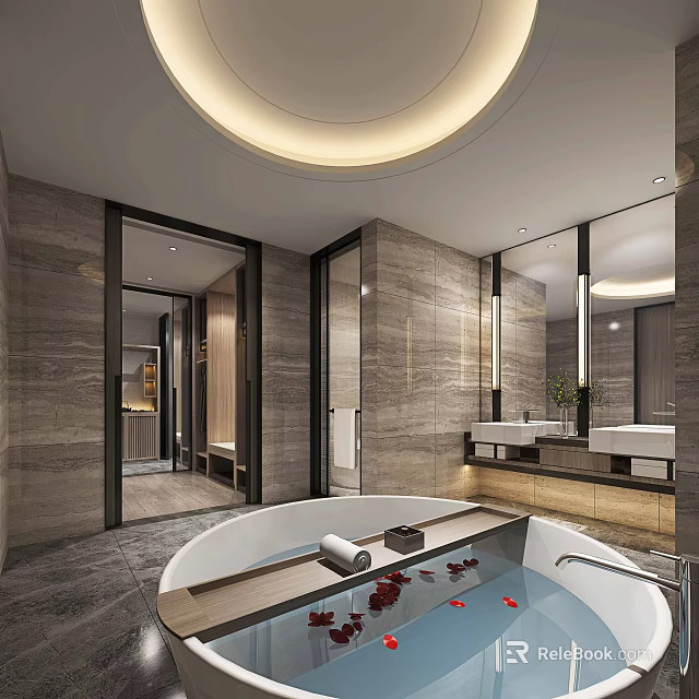 Luxurious Modern Hotel Bathroom Interior With Marble Walls Bathtub And Large Mirrors 3d model 