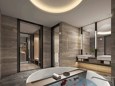 Luxurious Modern Hotel Bathroom Interior With Marble Walls Bathtub And Large Mirrors 3d model